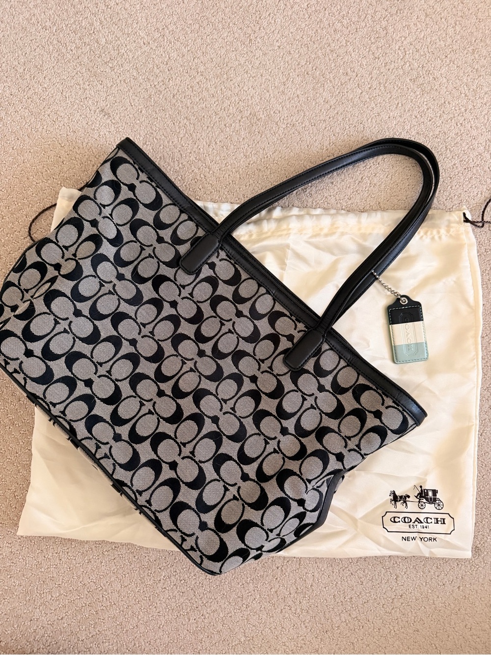 Coach Black and Gray Logo Tote with Leather Trim